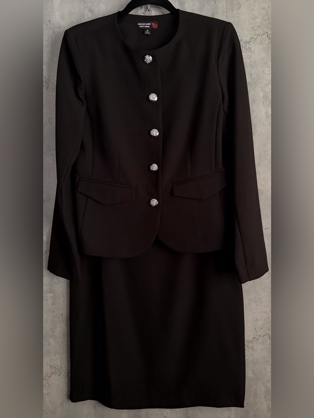 Shelby Rose NY Formal Womens 2Pc Skirt Suit Set Black Silver Button Blazer Sz 8